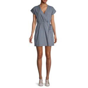 Theory Short-Sleeve Linen-Blend Wrap-Front Romper, Steel